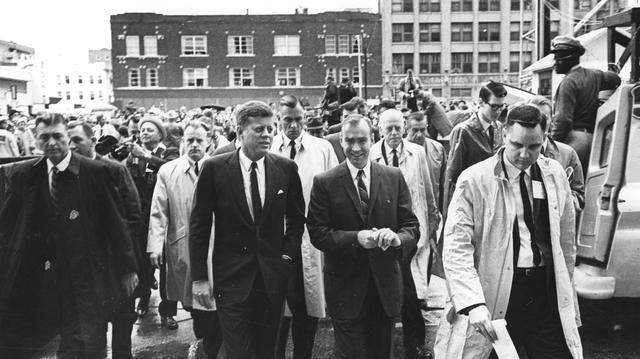 President John F. Kennedy in Fort Worth November 22, 1963, joined by Rep. Jim Wright, with Star-Telegram reporter Roger Summers, far right.